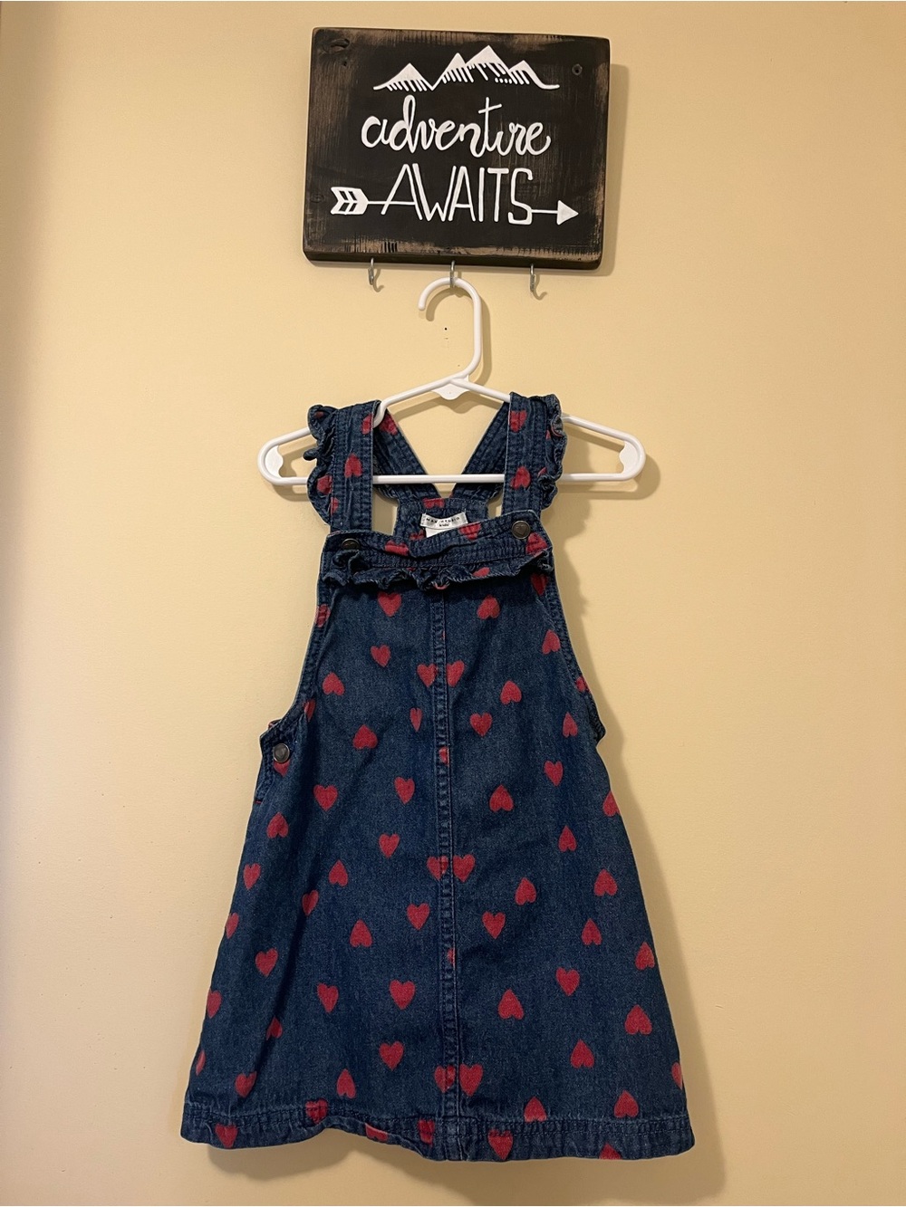 Max Studio Blue Denim Pinafore with Red Heart Print